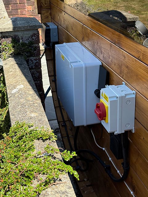 Installation of Power and Lighting to External Sauna at Springfield Country Hotel Leisure Club and Spa in Wareham Dorset by Merrivale Electrical Ltd - Power at Back of Sauna Photo